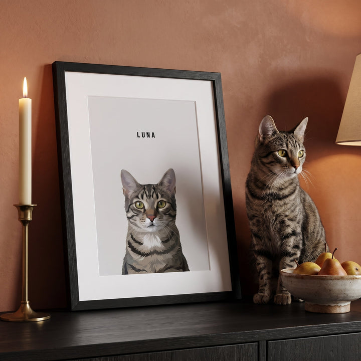 Custom portrait of a tabby cat named Luna on a sideboard, in a black frame with a white mat