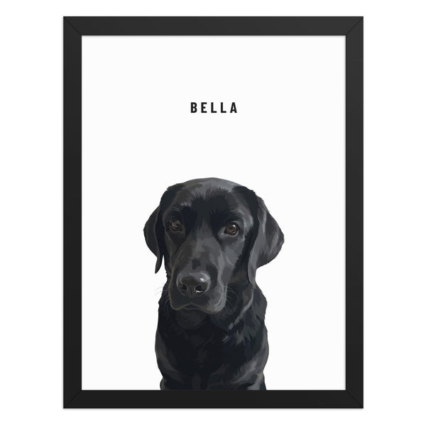 Custom pet portrait of a black Labrador named Bella in a black frame on a White background