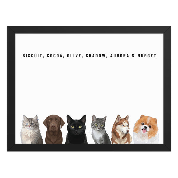 Custom Six Pet Portrait Framed Print (Black): Biscuit the tabby kitten & Cocoa the chocolate Labrador & Olive the black cat & Shadow the grey tabby cat & Aurora the Siberian Husky & Nugget the Pomeranian on a White background.