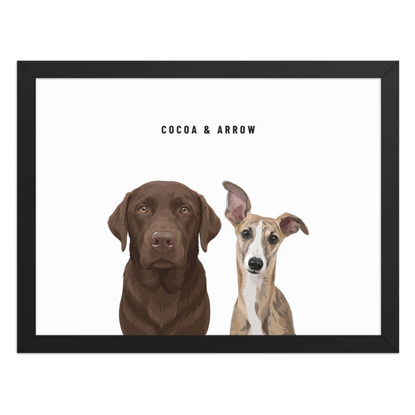 Custom Two Pet Portrait Framed Print (Black): Cocoa the chocolate Labrador & Arrow the Whippet on a White background.