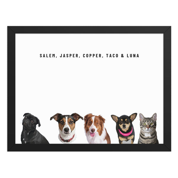Custom Five Pet Portrait Framed Print (Black): Salem the Pug & Jasper the Jack Russell Terrier & Copper the Australian Shepherd & Taco the Chihuahua & Luna the grey-brown tabby cat on a White background.