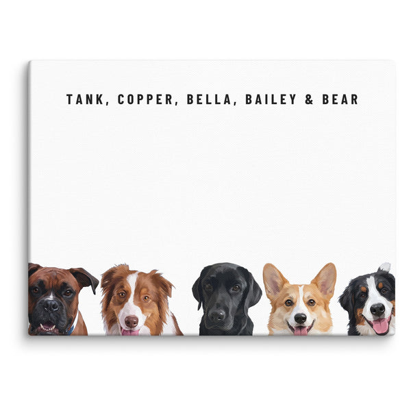 Custom Five Pet Portrait Canvas (Canvas): Tank the Boxer & Copper the Australian Shepherd & Bella the black Labrador & Bailey the Pembroke Welsh Corgi & Bear the Bernese Mountain Dog on a White background.