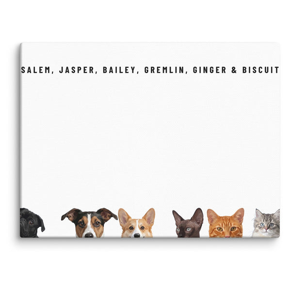 Custom Six Pet Portrait Canvas (Canvas): Salem the Pug & Jasper the Jack Russell Terrier & Bailey the Pembroke Welsh Corgi & Gremlin the Sphynx cat & Ginger the orange tabby cat & Biscuit the tabby kitten on a White background.