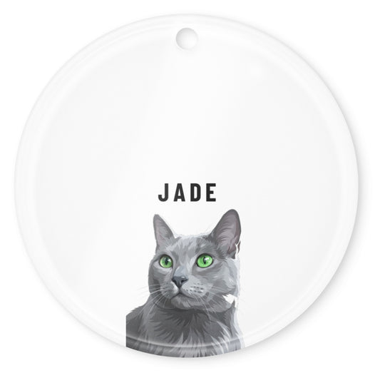 Custom Pet Christmas Ornament (Acrylic Circle), Jade the Russian Blue cat: front view. [ks Ornament=Acrylic Circle; kind=product]