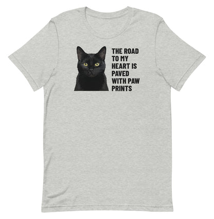 The Road To My Heart Is Paved With Paw Prints Custom Pet T-Shirt (Athletic Heather), Olive the black cat: front view. [ks Colour=Athletic Heather; kind=product]