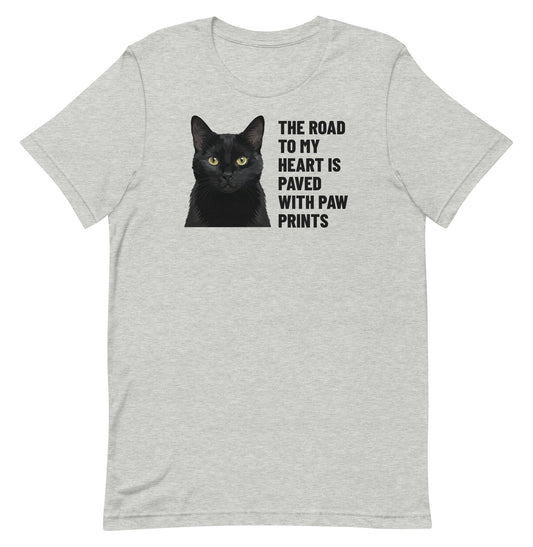 The Road To My Heart Is Paved With Paw Prints Custom Pet T-Shirt (Athletic Heather), Olive the black cat: front view. [ks Colour=Athletic Heather; kind=product]
