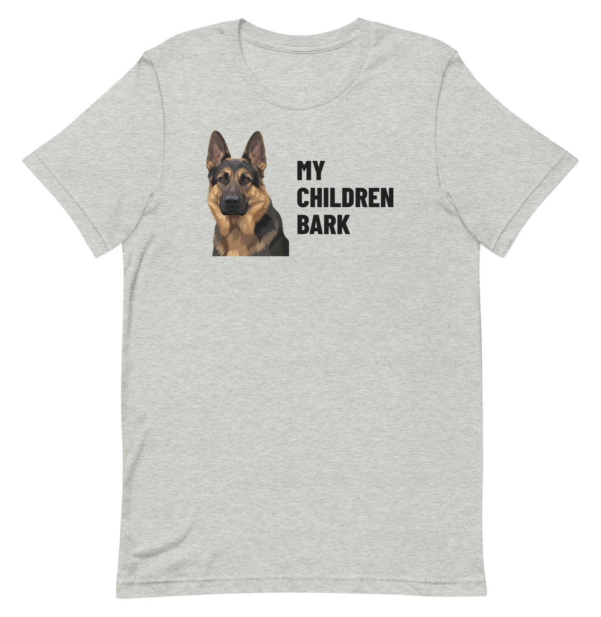 My Children Bark Custom Pet T-Shirt (Athletic Heather), Max the German Shepherd: front view. [ks Colour=Athletic Heather; kind=product]