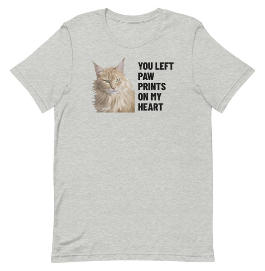 You Left Paw Prints On My Heart Custom Pet T-Shirt (Athletic Heather), Caramel the Maine Coon cat: front view. [ks Colour=Athletic Heather; kind=product]