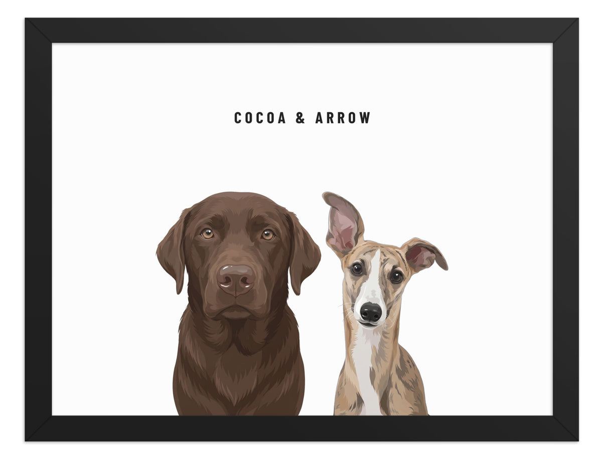 Custom Two Pet Portrait Framed Print (Black): Cocoa the chocolate Labrador & Arrow the Whippet on a White background. [ks Frame=Black; Background=White]