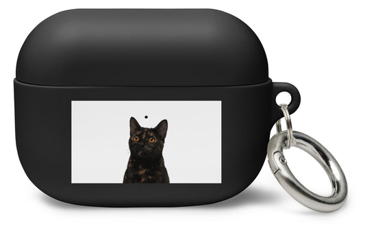 Custom Pet AirPods Case (Black): Ember the tortoiseshell cat on a White background. [ks Colour=Black; Background=White]