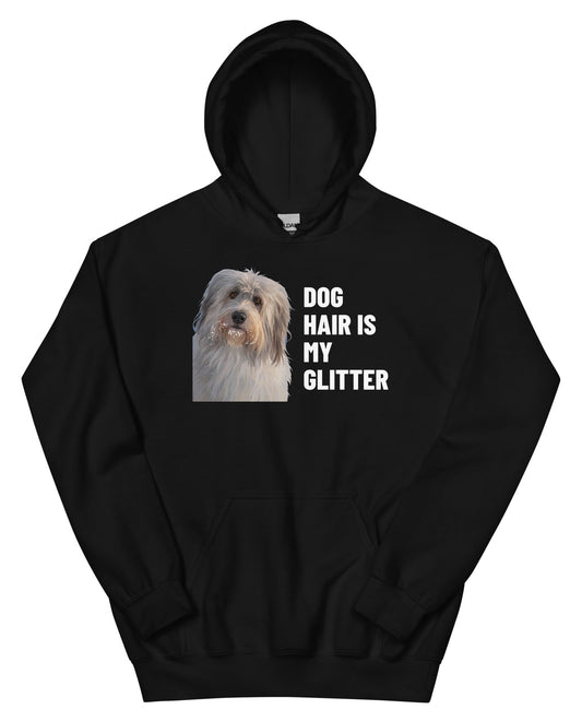 Dog Hair Is My Glitter Custom Pet Hoodie (Black), Gandalf the Sheepdog: front view. [ks Colour=Black; kind=product]