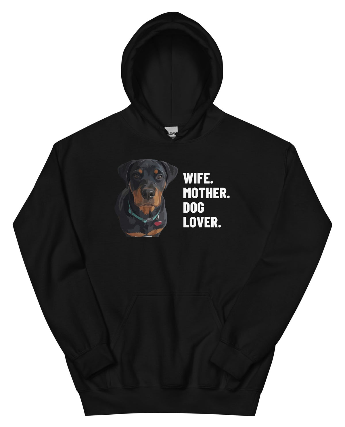 Wife. Mother. Dog Lover. Custom Pet Hoodie (Black), Thor the Rottweiler: front view. [ks Colour=Black; kind=product]