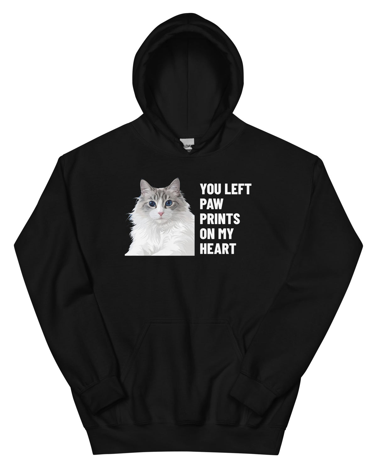 You Left Paw Prints On My Heart Custom Pet Hoodie (Black), Cloud the Ragdoll cat: front view. [ks Colour=Black; kind=product]