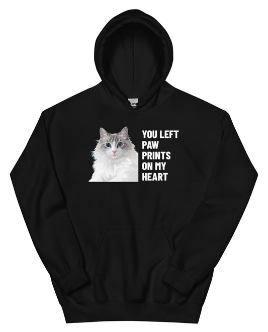 You Left Paw Prints On My Heart Custom Pet Hoodie (Black), Cloud the Ragdoll cat: front view. [ks Colour=Black; kind=product]