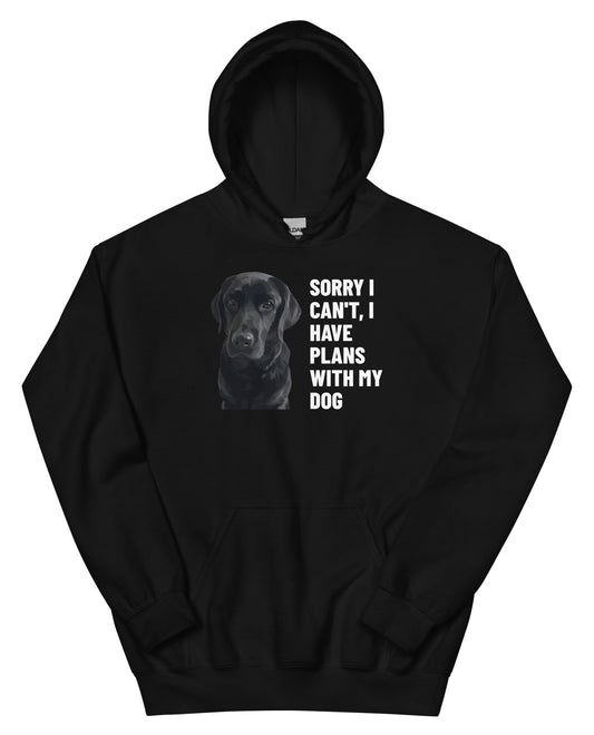 Sorry I Can't, I Have Plans With My Dog Custom Pet Hoodie (Black), Bella the black Labrador: front view. [ks Colour=Black; kind=product]