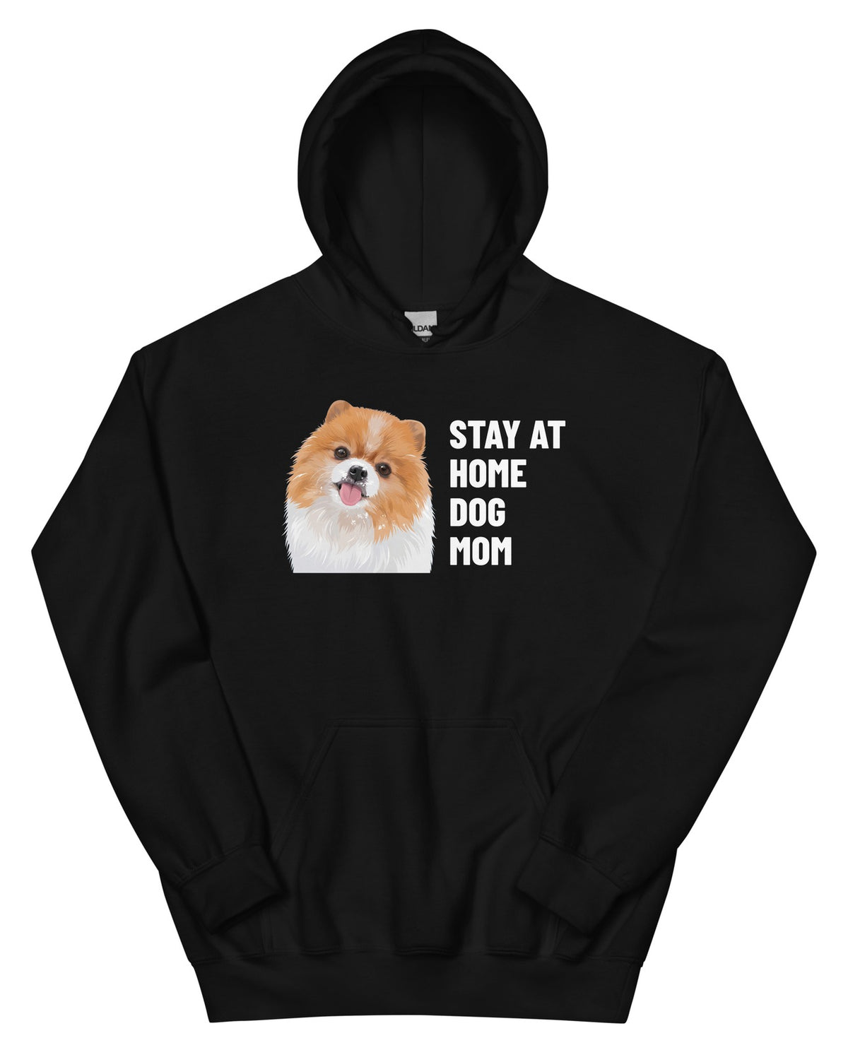 Stay At Home Dog Mom Custom Pet Hoodie (Black), Nugget the Pomeranian: front view. [ks Colour=Black; kind=product]