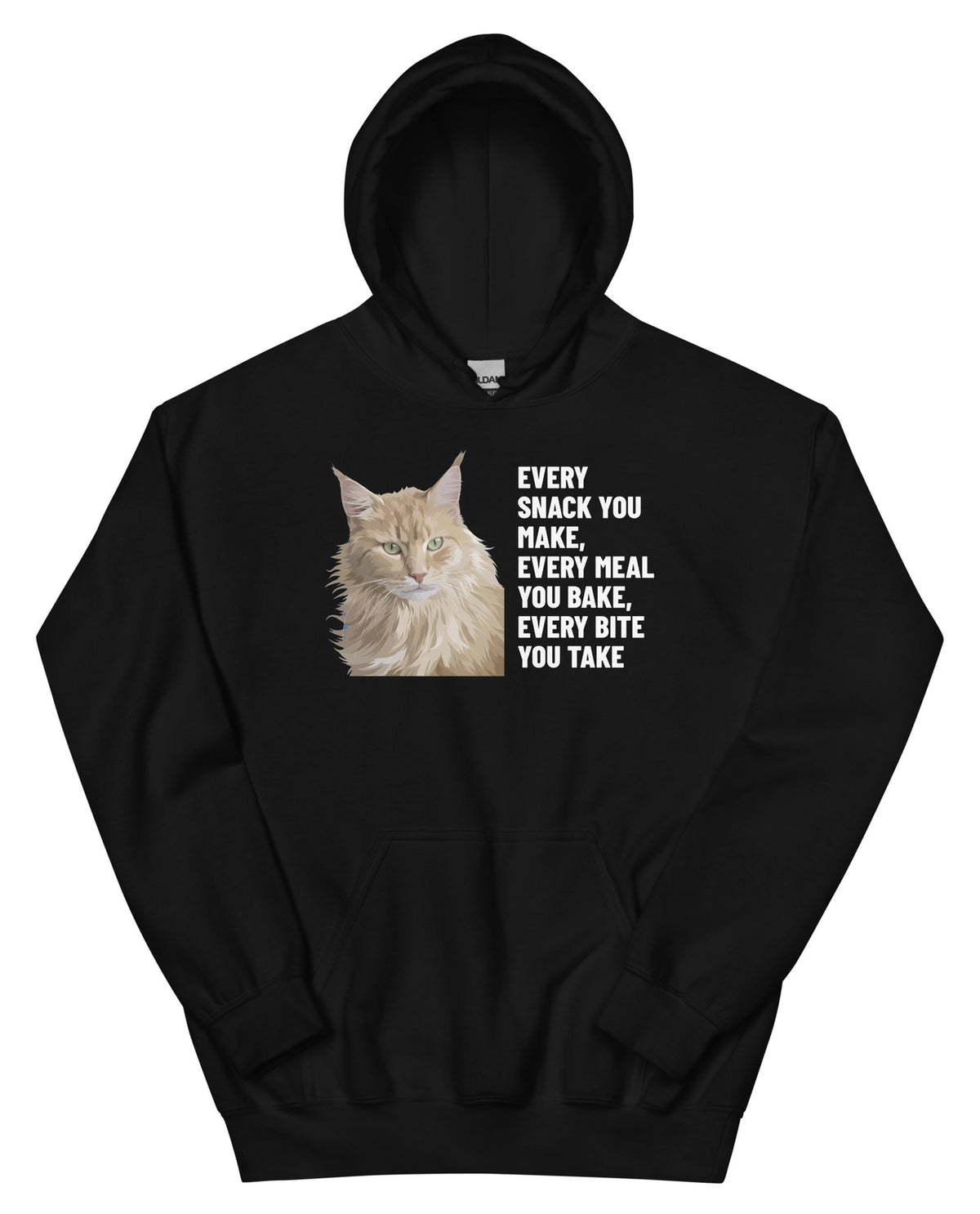 Every Snack You Make, Every Meal You Bake, Every Bite You Take Custom Pet Hoodie (Black), Caramel the Maine Coon cat: front view. [ks Colour=Black; kind=product]