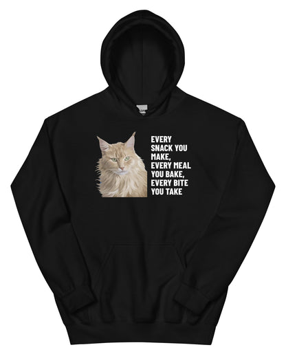 Every Snack You Make, Every Meal You Bake, Every Bite You Take Custom Pet Hoodie (Black), Caramel the Maine Coon cat: front view. [ks Colour=Black; kind=product]