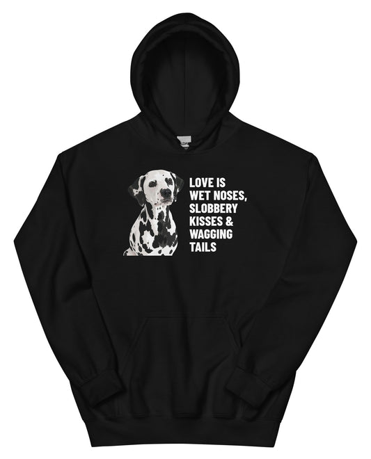 Love Is Wet Noses, Slobbery Kisses & Wagging Tails Custom Pet Hoodie (Black), Dotty the Dalmatian: front view. [ks Colour=Black; kind=product]