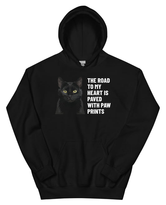 The Road To My Heart Is Paved With Paw Prints Custom Pet Hoodie (Black), Olive the black cat: front view. [ks Colour=Black; kind=product]