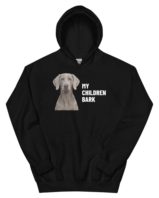 My Children Bark Custom Pet Hoodie (Black), Pewter the Weimaraner: front view. [ks Colour=Black; kind=product]