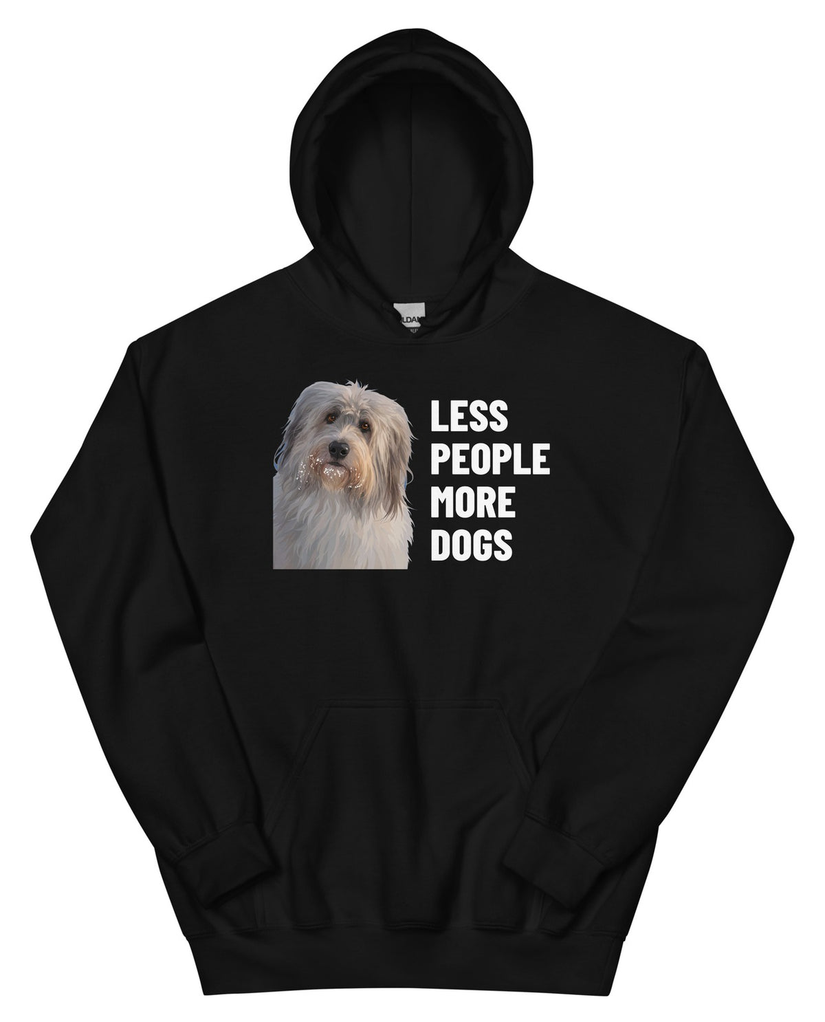 Less People More Dogs Custom Pet Hoodie (Black), Gandalf the Sheepdog: front view. [ks Colour=Black; kind=product]