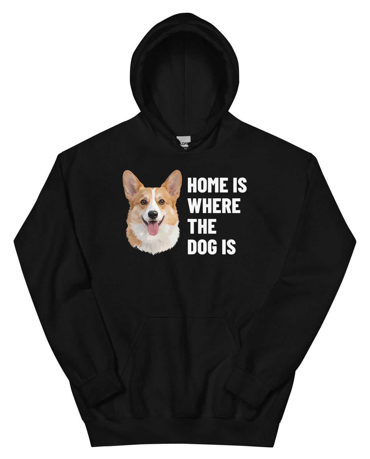 Home Is Where The Dog Is Custom Pet Hoodie (Black), Bailey the Pembroke Welsh Corgi: front view. [ks Colour=Black; kind=product]