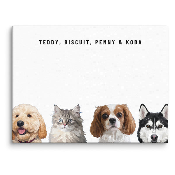 Custom Four Pet Portrait Canvas (Canvas): Teddy the Goldendoodle & Biscuit the tabby kitten & Penny the Cavalier King Charles Spaniel & Koda the Siberian Husky on a White background.