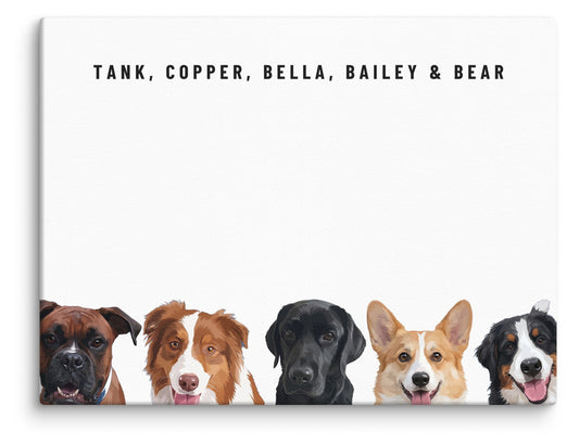 Custom Five Pet Portrait Canvas (Canvas): Tank the Boxer & Copper the Australian Shepherd & Bella the black Labrador & Bailey the Pembroke Welsh Corgi & Bear the Bernese Mountain Dog on a White background. [ks Style=Canvas; Background=White]