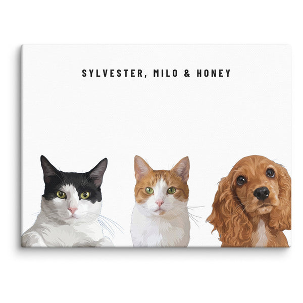 Custom Three Pet Portrait Canvas (Canvas): Sylvester the tuxedo cat & Milo the ginger-and-white cat & Honey the English Cocker Spaniel on a White background.