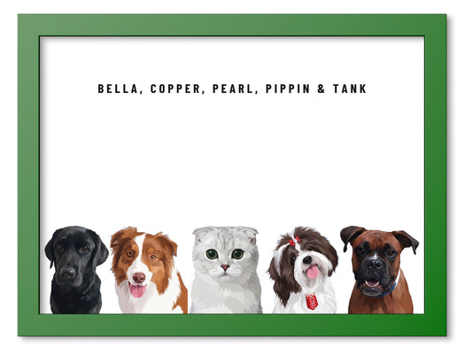 Custom Five Pet Portrait Coloured Frame Print (Forest Green): Bella the black Labrador & Copper the Australian Shepherd & Pearl the Scottish Fold cat & Pippin the Shih Tzu & Tank the Boxer on a White background. [ks Frame Colour=Forest Green; Background=White]