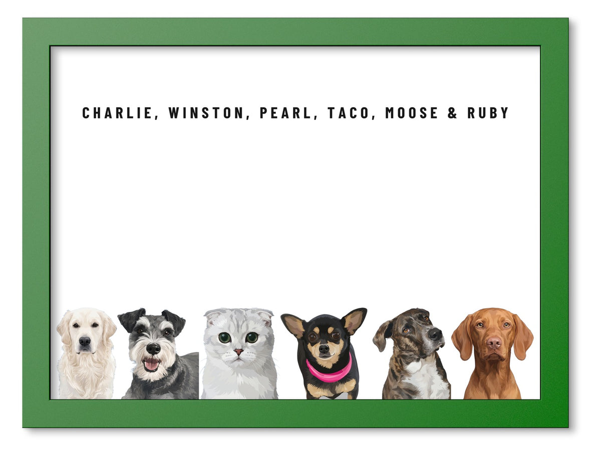 Custom Six Pet Portrait Coloured Frame Print (Forest Green): Charlie the Golden Retriever & Winston the Miniature Schnauzer & Pearl the Scottish Fold cat & Taco the Chihuahua & Moose the mixed-breed dog & Ruby the Vizsla on a White background. [ks Frame Colour=Forest Green; Background=White]