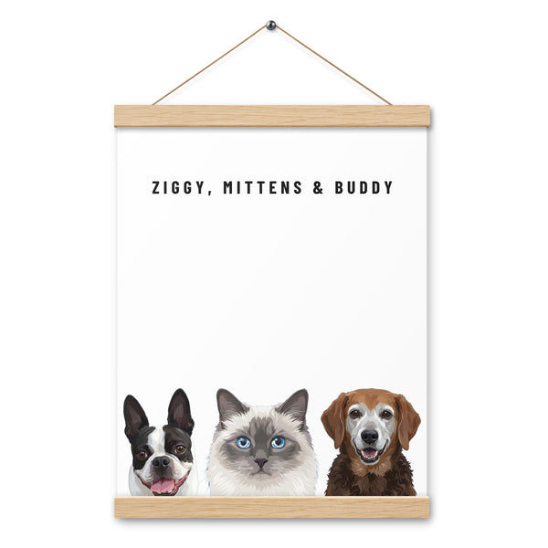 Custom Three Pet Portrait Poster with Hanger (Oak Hanger): Ziggy the Boston Terrier & Mittens the Birman cat & Buddy the hound mix on a White background.