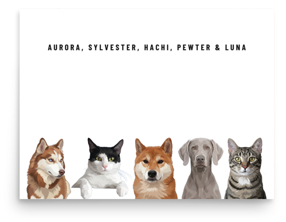Holiday Custom Five Pet Portrait (Poster Only): Aurora the Siberian Husky & Sylvester the tuxedo cat & Hachi the Shiba Inu & Pewter the Weimaraner & Luna the grey-brown tabby cat on a White background. [ks Style=Poster Only; Background=White]