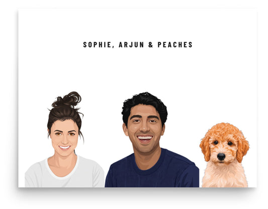Custom Family Portrait (People & Pets) (Poster Only): Sophie & Arjun & Peaches the Miniature Poodle on a White background. [ks Style=Poster Only; Background=White]