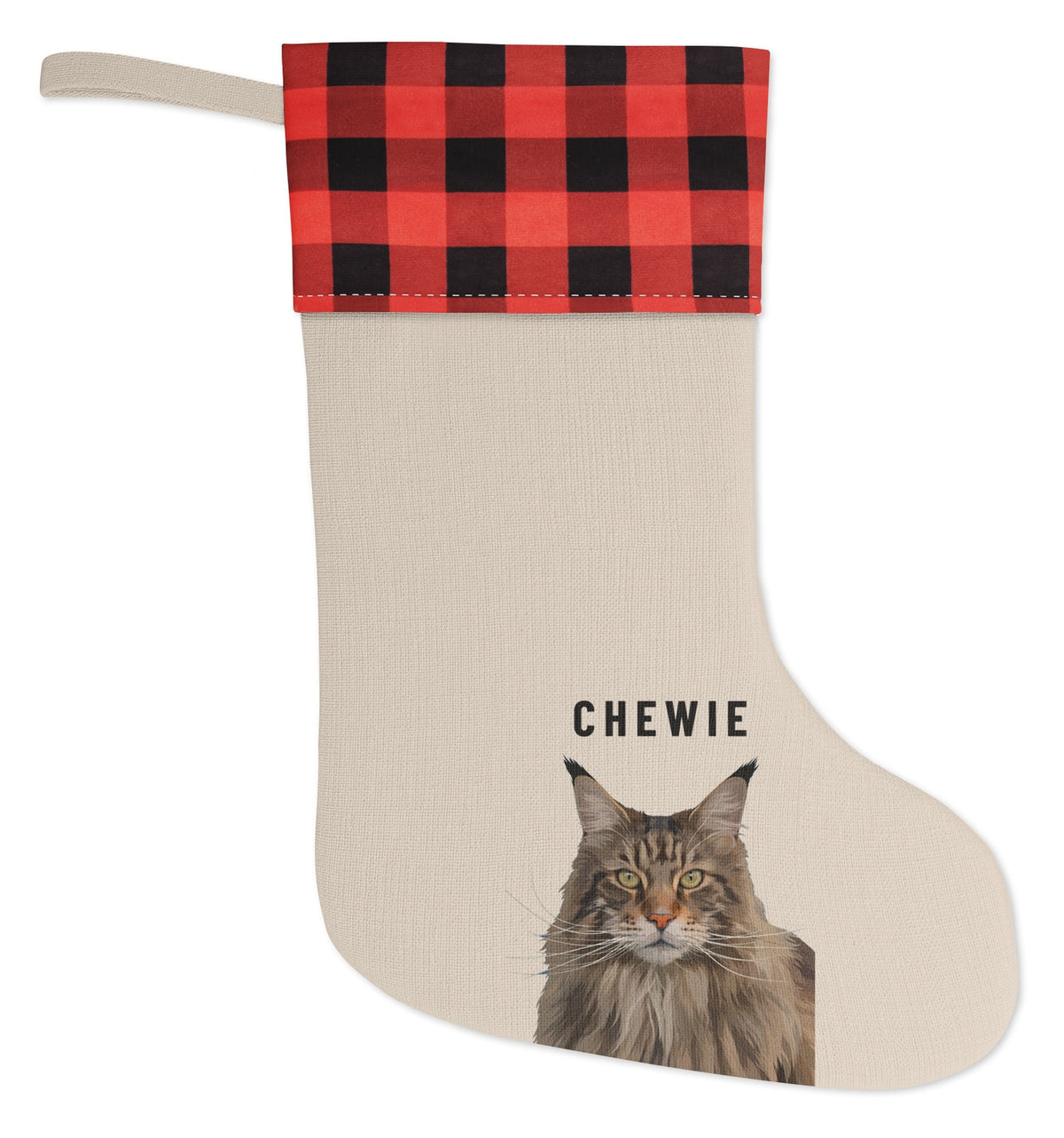 Custom Pet Christmas Stocking (Red & Black), Chewie the Maine Coon cat: front view. [ks Stocking=Red & Black; kind=product]