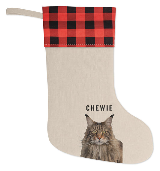 Custom Pet Christmas Stocking (Red & Black), Chewie the Maine Coon cat: front view. [ks Stocking=Red & Black; kind=product]