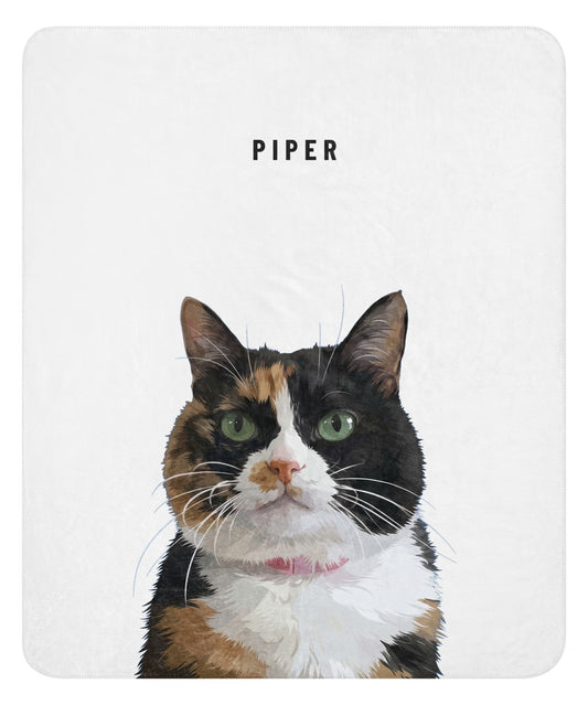 Custom Pet Portrait Blanket (Sherpa Fleece): Piper the calico cat on a White background. [ks Blanket=Sherpa Fleece; Background=White]