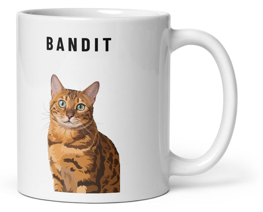 Custom Pet Portrait Mug (White): Bandit the Bengal cat on a White background. [ks Style=White; Background=White]