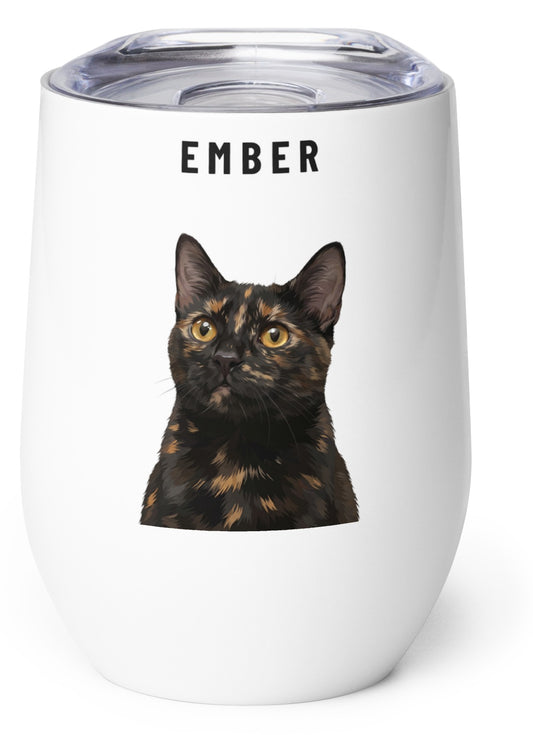 Custom Pet Portrait Tumbler & Travel Mug (Wine Tumbler): Ember the tortoiseshell cat on a White background. [ks Style=Wine Tumbler; Background=White]