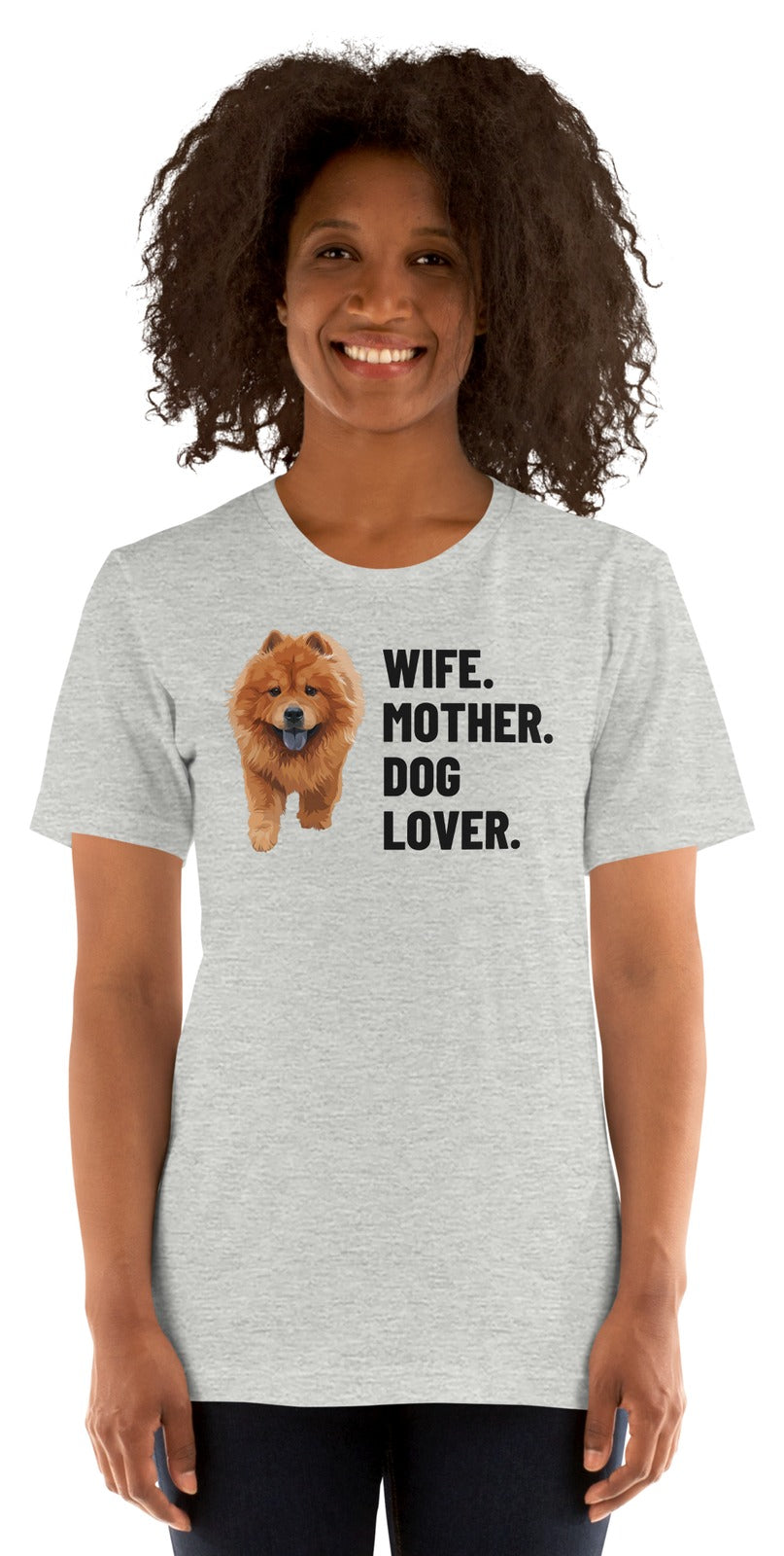 Wife. Mother. Dog Lover. Custom Pet T-Shirt (Athletic Heather), Simba the Chow Chow: worn by a model. [ks Colour=Athletic Heather; kind=product]