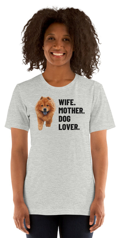 Wife. Mother. Dog Lover. Custom Pet T-Shirt (Athletic Heather), Simba the Chow Chow: worn by a model. [ks Colour=Athletic Heather; kind=product]