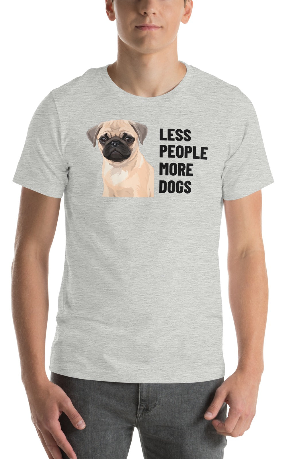 Less People More Dogs Custom Pet T-Shirt (Athletic Heather), Waffles the Pug: worn by a model. [ks Colour=Athletic Heather; kind=product]