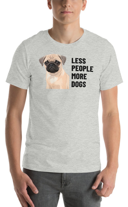 Less People More Dogs Custom Pet T-Shirt (Athletic Heather), Waffles the Pug: worn by a model. [ks Colour=Athletic Heather; kind=product]