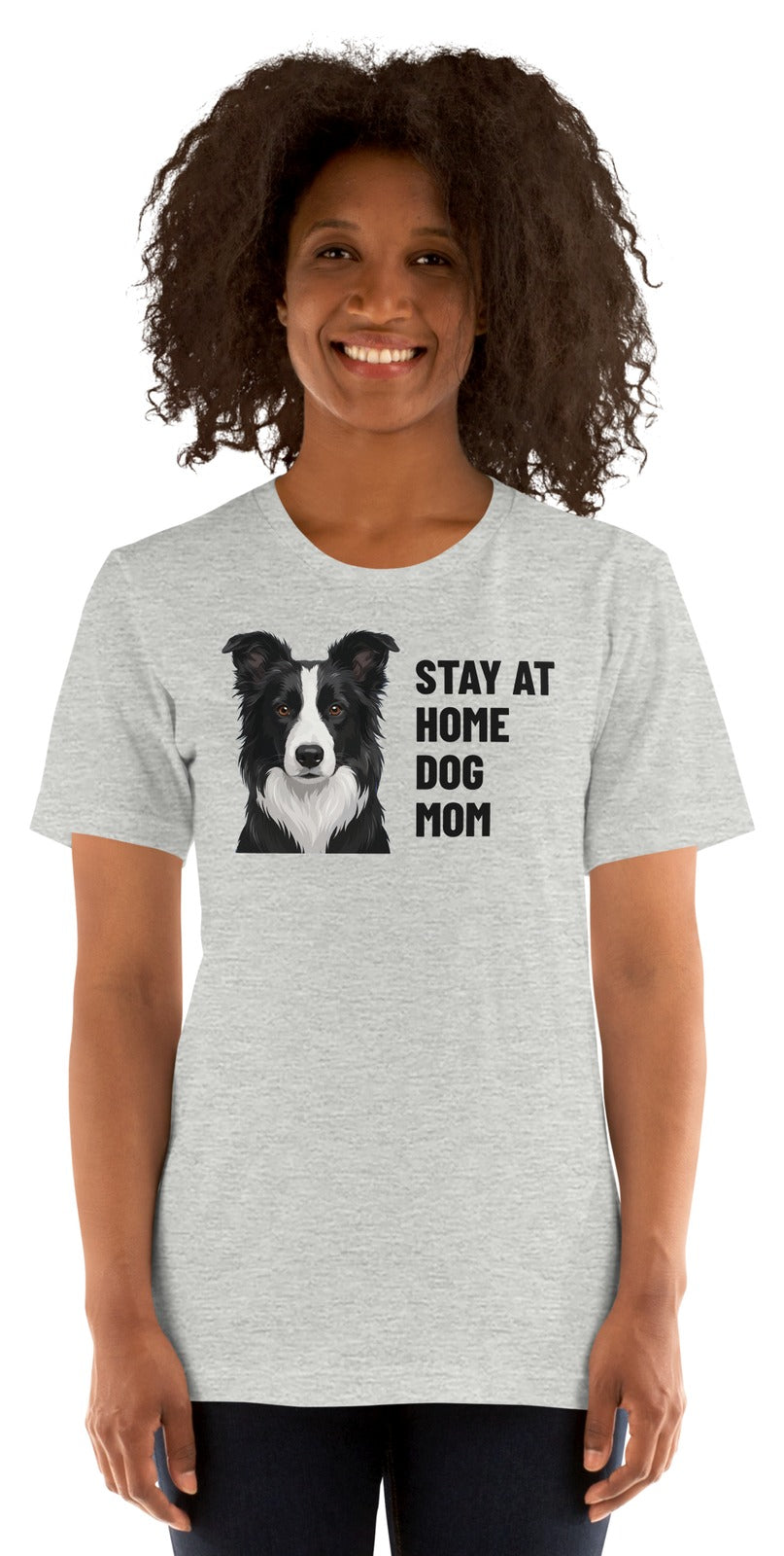 Stay At Home Dog Mom Custom Pet T-Shirt (Athletic Heather), Oreo the Border Collie: worn by a model. [ks Colour=Athletic Heather; kind=product]