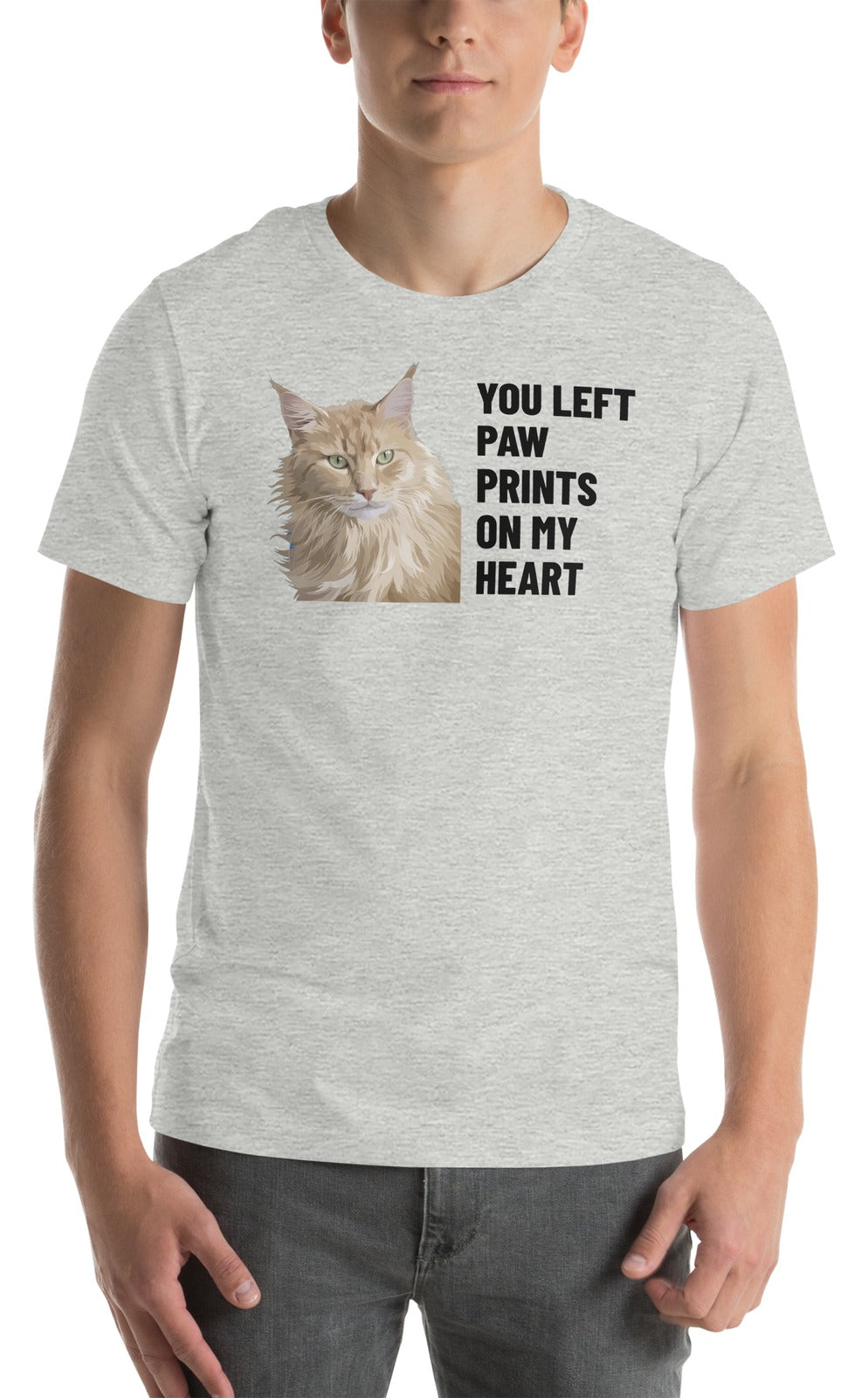 You Left Paw Prints On My Heart Custom Pet T-Shirt (Athletic Heather), Caramel the Maine Coon cat: worn by a model. [ks Colour=Athletic Heather; kind=product]