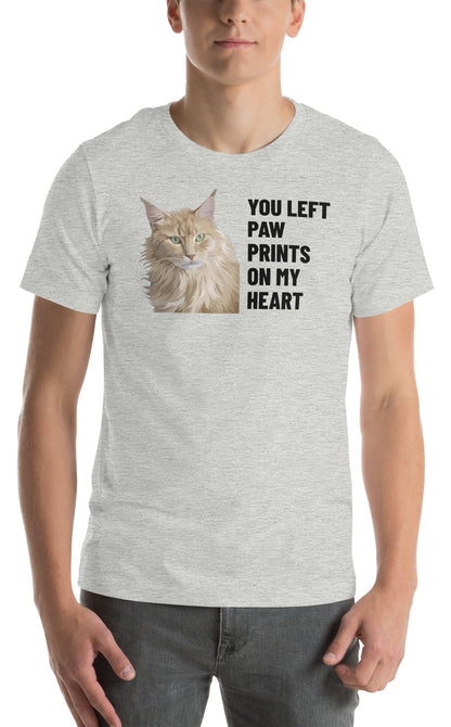 You Left Paw Prints On My Heart Custom Pet T-Shirt (Athletic Heather), Caramel the Maine Coon cat: worn by a model. [ks Colour=Athletic Heather; kind=product]