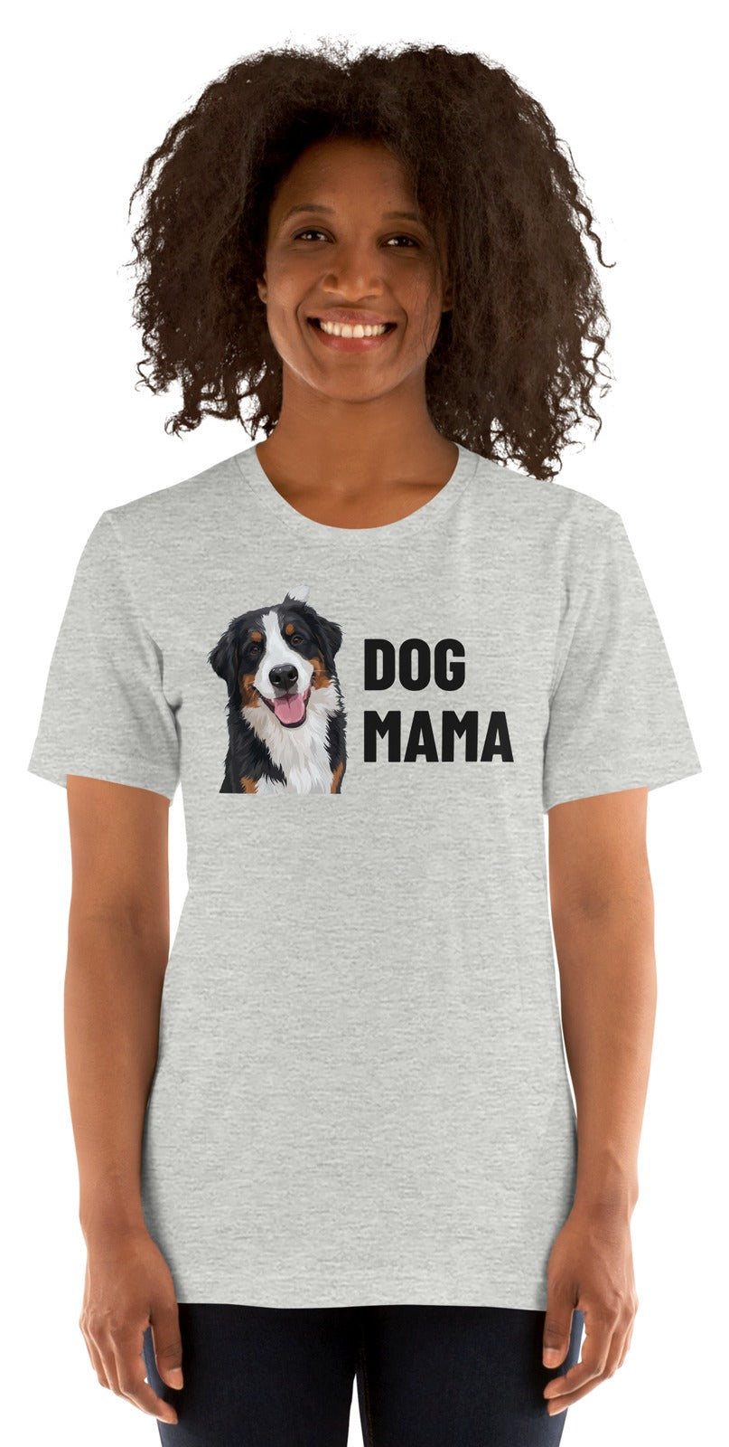 Dog Mama Custom Pet T-Shirt (Athletic Heather), Bear the Bernese Mountain Dog: worn by a model. [ks Colour=Athletic Heather; kind=product]