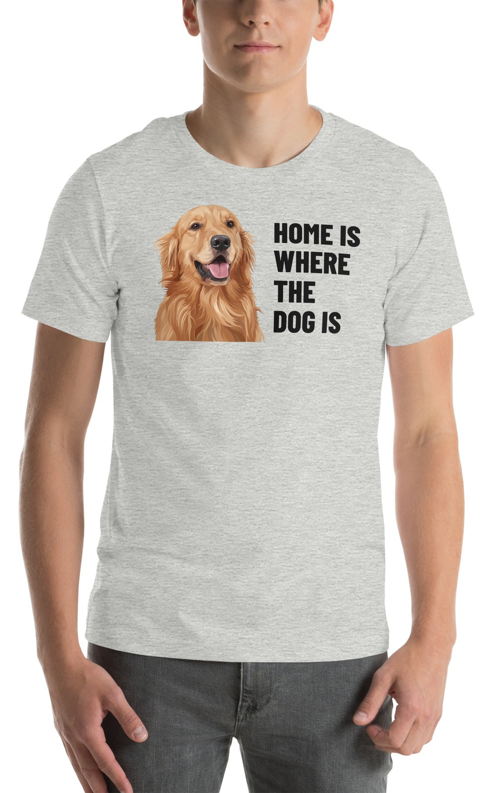 Home Is Where The Dog Is Custom Pet T-Shirt (Athletic Heather), Cooper the Golden Retriever: worn by a model. [ks Colour=Athletic Heather; kind=product]