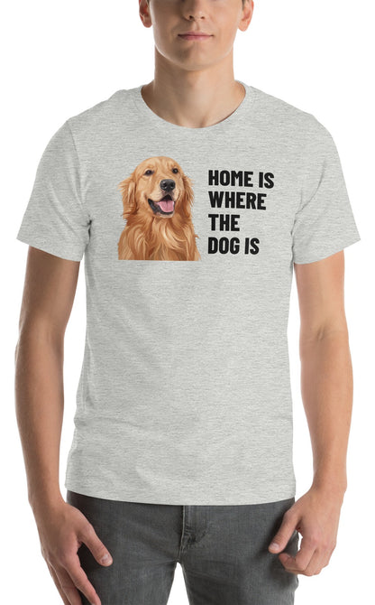 Home Is Where The Dog Is Custom Pet T-Shirt (Athletic Heather), Cooper the Golden Retriever: worn by a model. [ks Colour=Athletic Heather; kind=product]